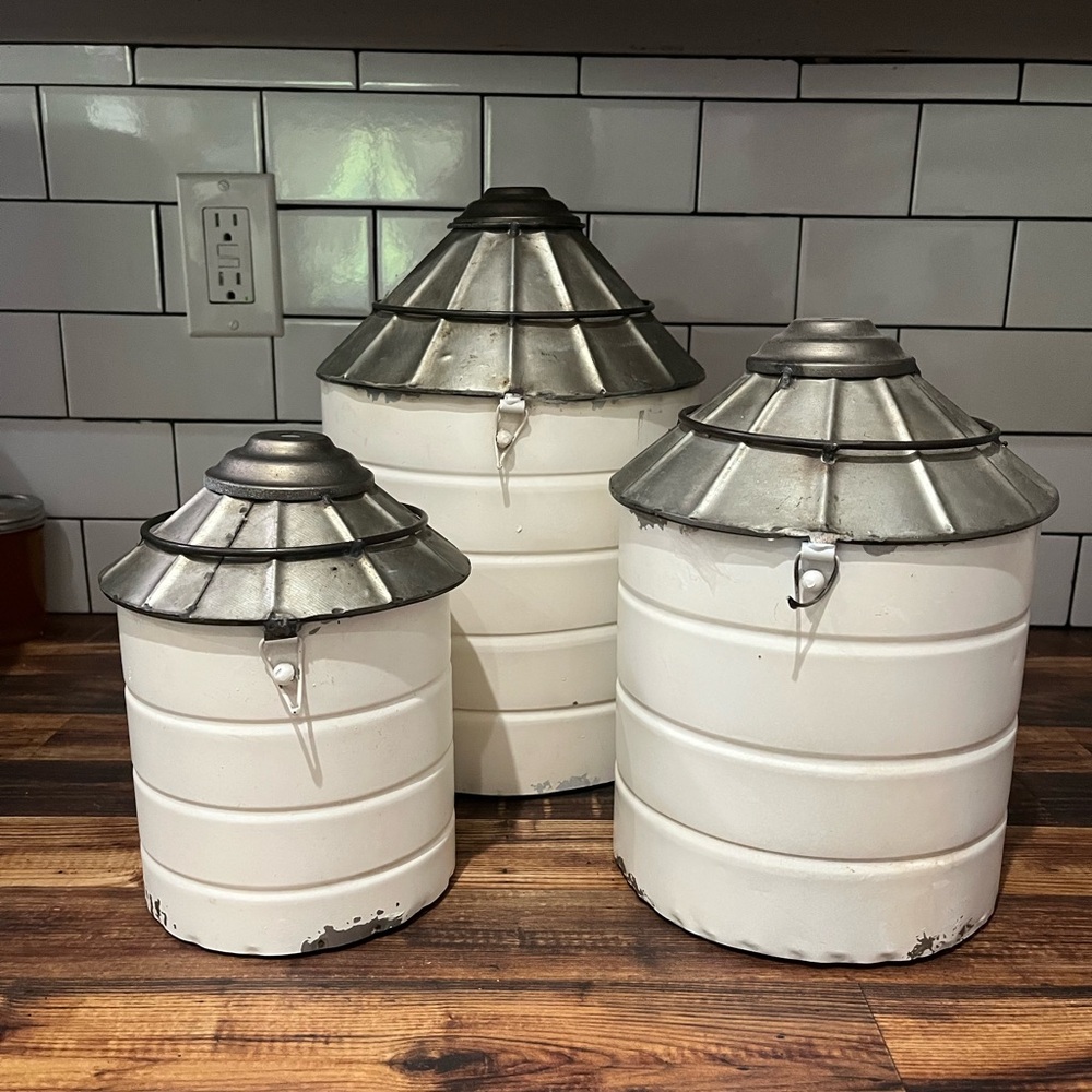 Farmhouse Silos Set of Three White and Silver Metal Canisters